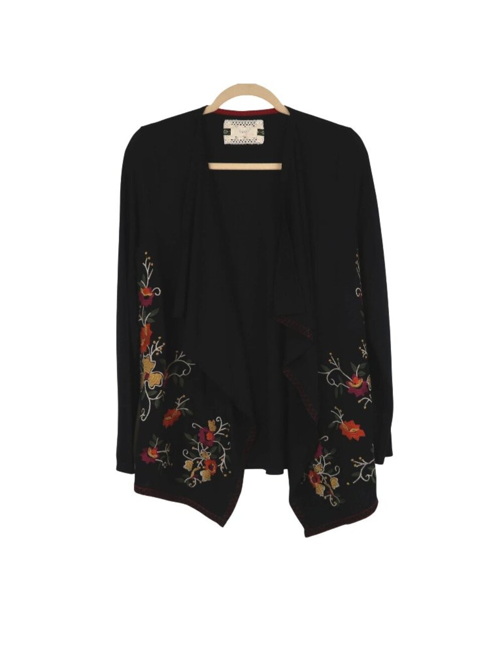 Cupio M Black Open Front Cardigan With Floral Embroidery Boho Western
